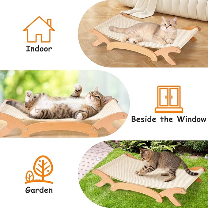 Elevated Cat Bed with Sisal Hammock for Cats, Large Sisal Scratcher Bed for Indoor Cats, Solid Beech Wood Frame up to 22Lbs (26.3" Lx16.1 Dx4.7 H)