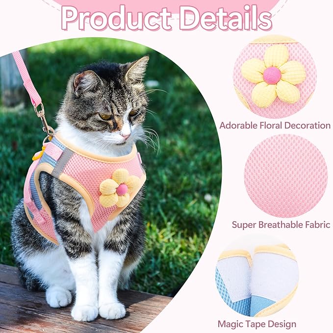 Cat Harness and Leash Set Escape Proof, Adjustable Cat Vest Harnesses Soft Kitten Harness Reflective Strips Jacket with Flower, Breathable Mesh Harnesses for Cats Puppy Easy to Wear Outdoor Walking