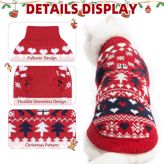 PUPTECK Christmas Cat Sweater, Soft Warm Turtleneck Pet Winter Clothes, Kitten Sweater Apparel, Knitwear Coat for Cats Puppy Outfit Cold Weather Clothes, Red S