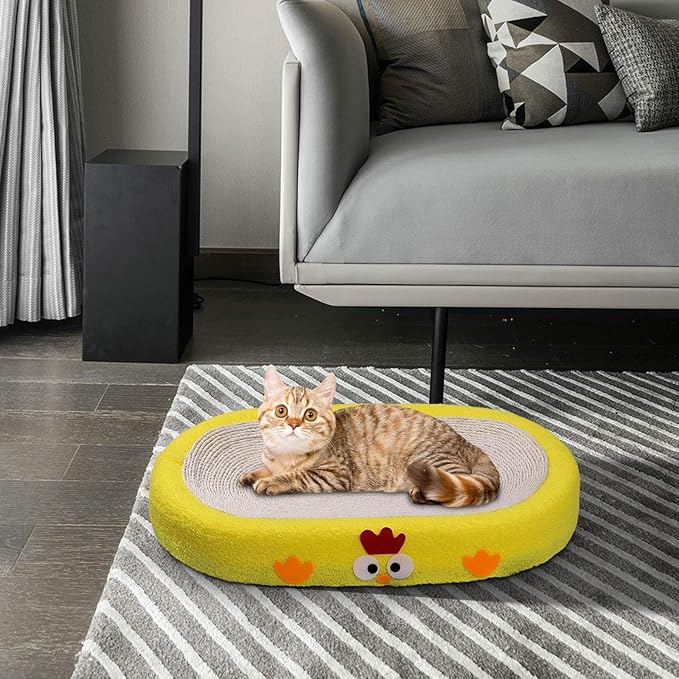 Cat Scratch Pad Bowl Nest Corrugated Cat Lounge Comfortable Claw with Interaction Ball Toy Furniture Protector, Yellow Oval