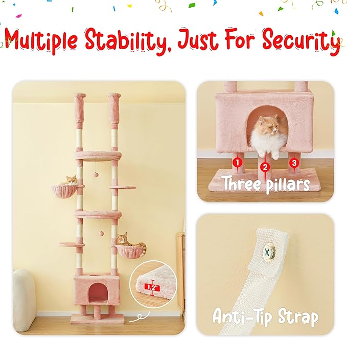 Pink Cat Tree, Floor to Ceiling Cat Tower Adjustable Height [92.9-102.4 in=235-258cm], 7 Tiers Cat Climbing Play House with Scratching Post, Cozy Condo & Hammocks for Indoor Cats