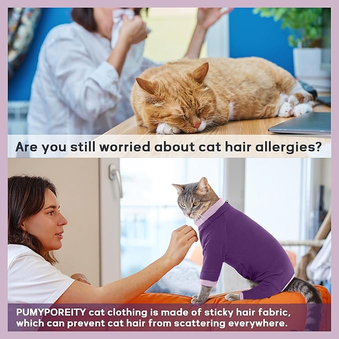PUMYPOREITY Cat Hair Sticky Shirt – Breathable & Lightweight, Reduces Shedding Fur Pajamas, Prevents Licking Wounds After Surgery, Purple, M