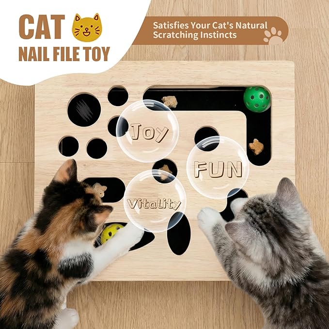Cat Scratch Puzzle Enrichment Box, Smooth Solid Wood Cat Nail File Enrichment Box with Built-in Sandpaper, Cat Nail File Box Stress Free Alternative to Clippers & Grinders(No Bell Ball) (Large)