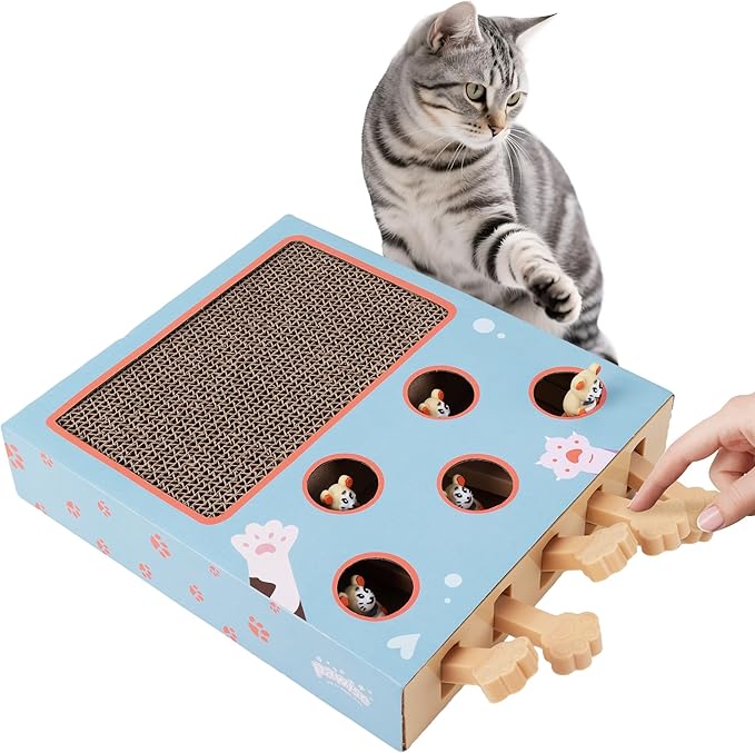 PAWISE Interactive Cat Scratcher Toy - 3-in-1 Cardboard Cat Scratching Board & Interactive Puzzle Toy Box for Indoor Cats, Nail File Scratch Pad with Pop-up Mice, Cat Enrichment Toy for Kitten