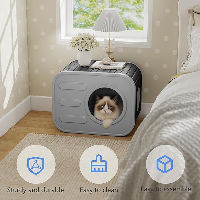 ROJIK Cat House Outdoor Cat Bed Weatherproof,Plastic Insulated Feral Shelter with Elevated Floor,Stackable Pet House Wave for Bedroom Yard and Patio,Easy to Assemble,Versatile(Black,with Cusion)