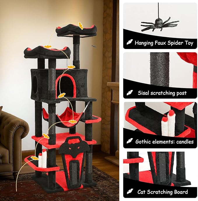 BYBYME Gothic Cat Tree for Halloween, 62in Tall Sturdy Furniture Set with Bed House, Hanging Toy, Scratching Board Sisal-Covered Posts, Multifunctional Cat Play Tower with Hammock（Black Red）