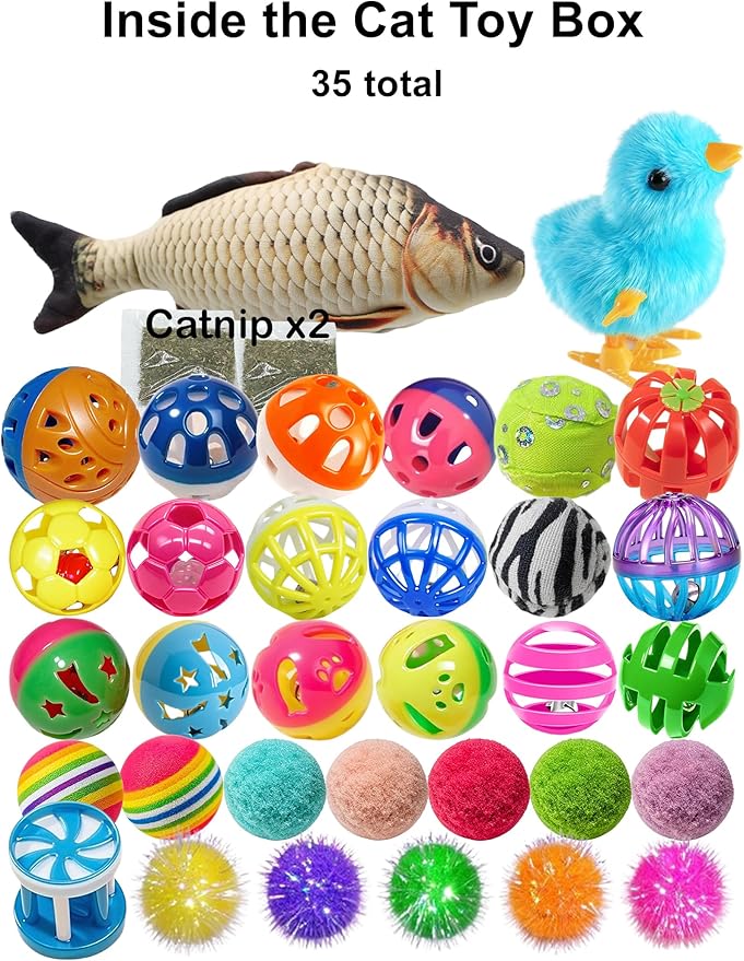 35 Pcs Cat Toys Balls Set for Indoor Cats, Interactive Kitten Toys with Jingle Balls & Catnip to Relieve Boredom, Assorted Pet Play Toys for Kitty (1.5'' - 8.3'')
