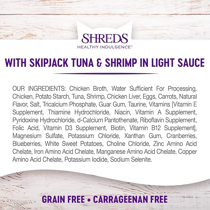 Wellness Healthy Indulgence Shreds Adult Wet Cat Food, Natural, Protein Rich, Grain Free, Tuna and Shrimp Recipe, 3 oz, Pack of 24 Pouches