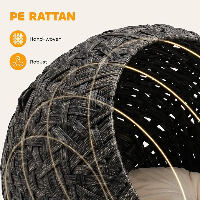 PawHut Rattan Cat Bed, Elevated Handwoven Cat Basket Bed with Soft Cushion and Metal Base, Indoor Kitty Furniture, Breathable, for Kittens, Gray