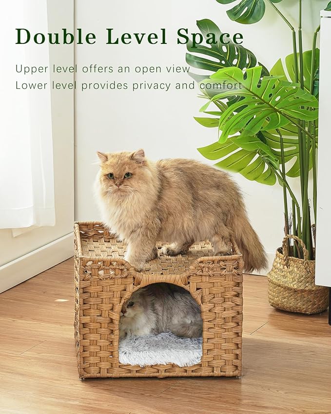 SETVSON Cat Beds Indoor Kitten House, Handwoven Rattan Cat Cave Pet Cube, Large Cat Houses, One Bed Mat, Foldable, Hideaway, 16.5x16.5x13.2 Inches, 2 S-Shaped Hooks in Living Room Bedroom Natural