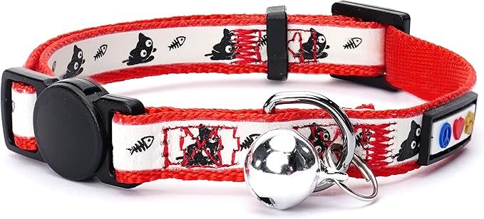 Pawtitas Glow in the Dark Cat Collar with Breakaway Safety Buckle & Bell Adjustable Kitten Collar, Red