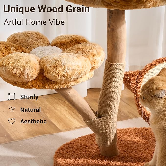 Aesthetic Flower Cat Tree Tower with Scratching Post for Indoor Cats, 30" H Modern Cat Tree with Natural Solid Wood Branch, Fluffy Cat Beds Removable & Large Scratching Board, Sunset Brown
