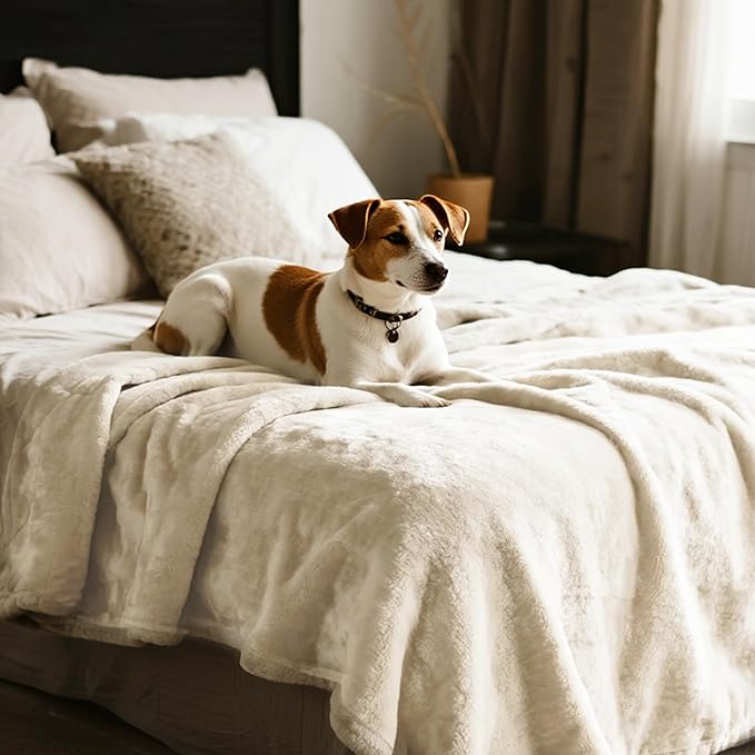 gogobunny Waterproof Bed Blanket, Reversible Sherpa Fleece Throw Blanket for Dog Puppy Cat, Furniture Cover Protects Bed Couch Sofa from Liquid Pee and Pet Fur (Cream, 90x90 inches)