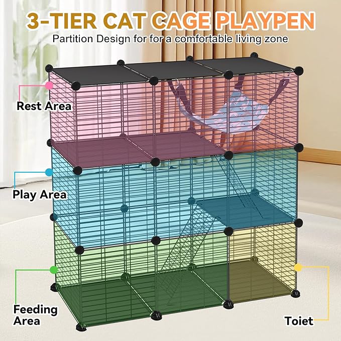 VISCOO Cat Cage, 3-Tier DIY Catio Cat Enclosures, 36" x 16" x 36" Cat Playpen Indoor & Outdoor with Hammock, Detachable Metal Wire Kennel Cats Crate, 3x1x3 Exercise Place for 1-2 Kitten/Squirrel
