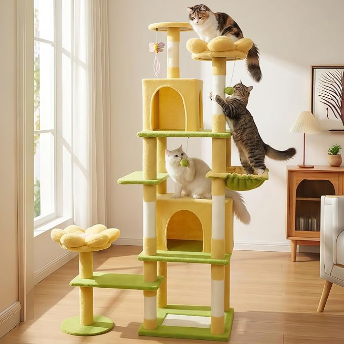 Flower Cat Tree 71 Inches，Large Cat Tower with 2 Detachable Flower Cushions and 2 Hiding Condo, Tall and Big Cat Tree with Hammock Bed, Interactive Toys and Scratching Posts for Indoor Cats (Yellow)