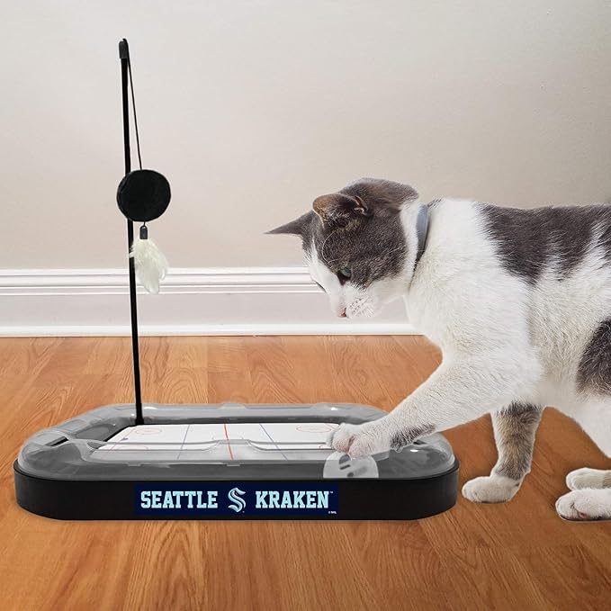 Cat Scratching Toy Hockey Field ICE HOCKEY RINK Cat Scratcher Toy with Interactive Cat Ball Bell in Tracks. 5-in-1 CAT TOY: Cat Wand Poll, CATNIP FILLED Plush Hockey Puck & Feathers