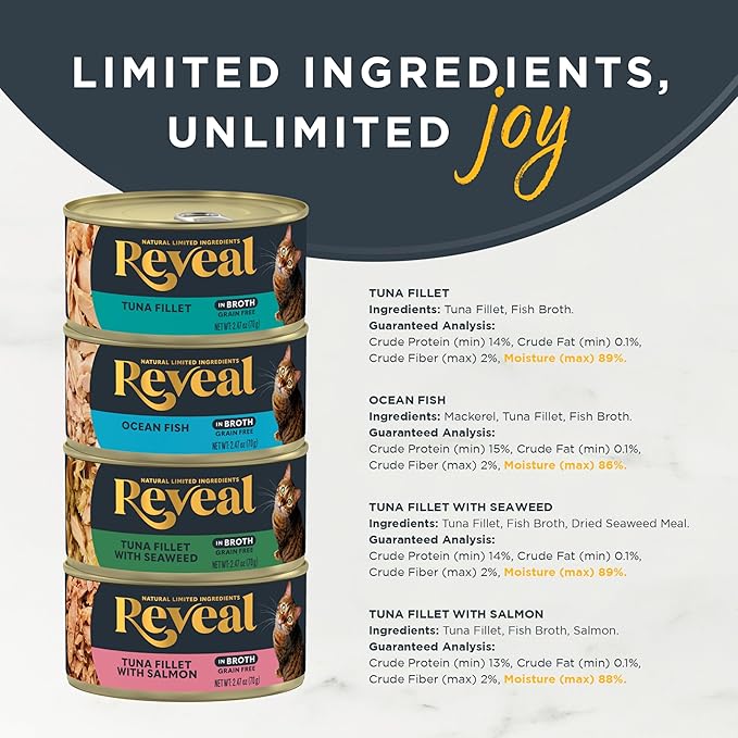 Reveal Natural Wet Canned Cat Food, 4-Flavor Variety Pack, Limited Ingredient, Grain Free, High Protein with No Artificial Additives, Fish Variety in Broth (12 x 2.47 oz Cans)