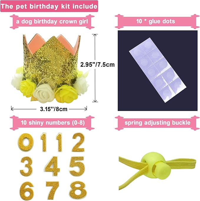 Dog Birthday Hat Adjustable Reusable Crown for Dogs Cats Puppy Kitten Birthday Party Headband with Numbers(Yellow)