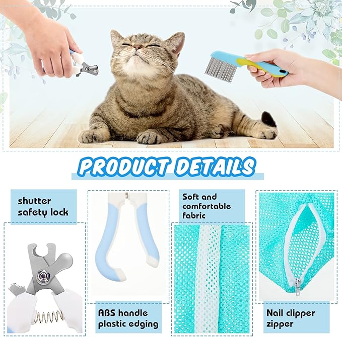 8 Pcs Cat Muzzle Set with Adjustable Cat Bathing Bag Breathable Clear Muzzle Pet Grooming Brush Tick Remover Tool Nail Clipper Nail File for Dog, Bunny Cleaning Trimming(L Size,Blue)