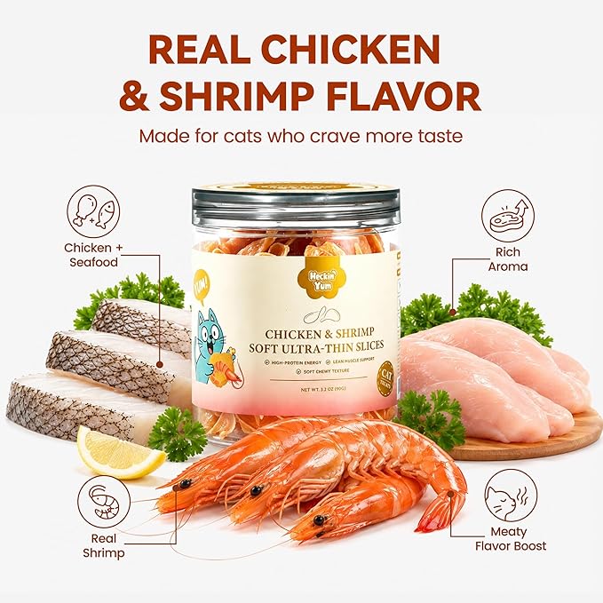 Soft Cat Treats, Chicken & Shrimp Ultra-Thin Slices, Easy-Chew Snacks for Picky Cats, Kittens & Seniors, Low-Fat Treats with Taurine, 3.2 oz