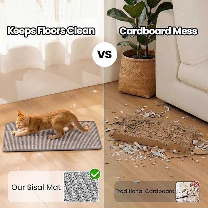 Conlun Cat Scratcher Mat,Natural Sisal Cat Scratch Pad with Hook&Loop Tape,Horizontal Floor Kitty Scratching Pads Rug for Indoor,Pet Furniture Protector for Couch&Carpets&Sofas, Large, Grey