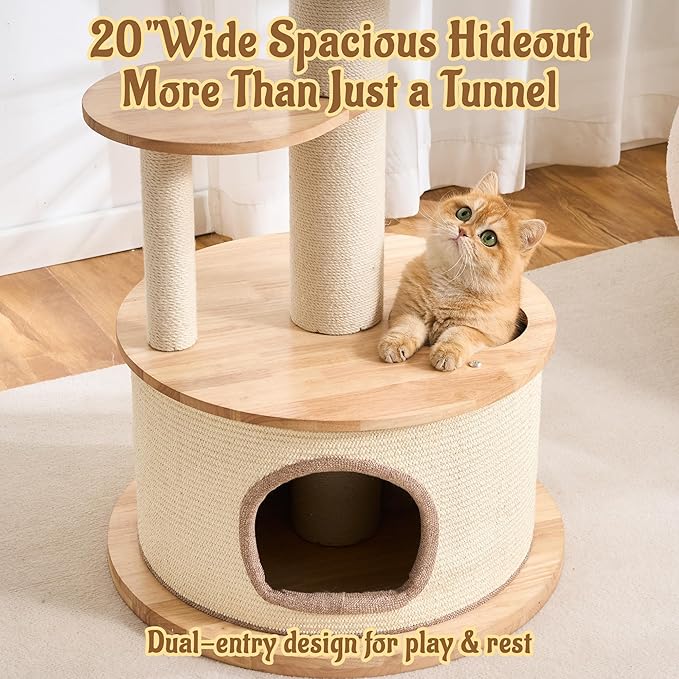 64.2" Solid Wood Cat Tree Tower for Indoor Cats, Multi-Level Modern Cat Furniture with 20" Condo, Interchangeable Hammock & Capsule Bed, Chunky Scratching Posts for Active Cats up to 12 lbs