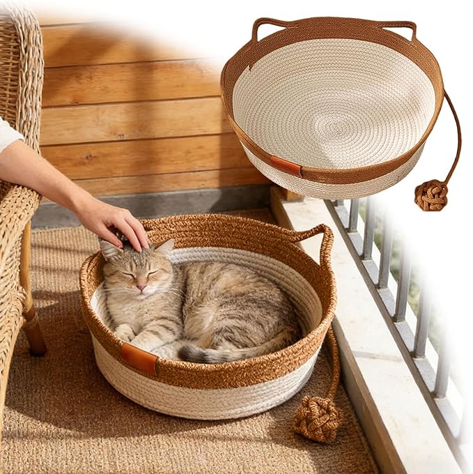 Instinct Basket for Cats - Handwoven Cotton Rope Enrichment Bed with Attached Toy Tail, Scratchable Interactive Pet Nest Features Flexible Walls to Fight Boredom & Protect Furniture (Brown)