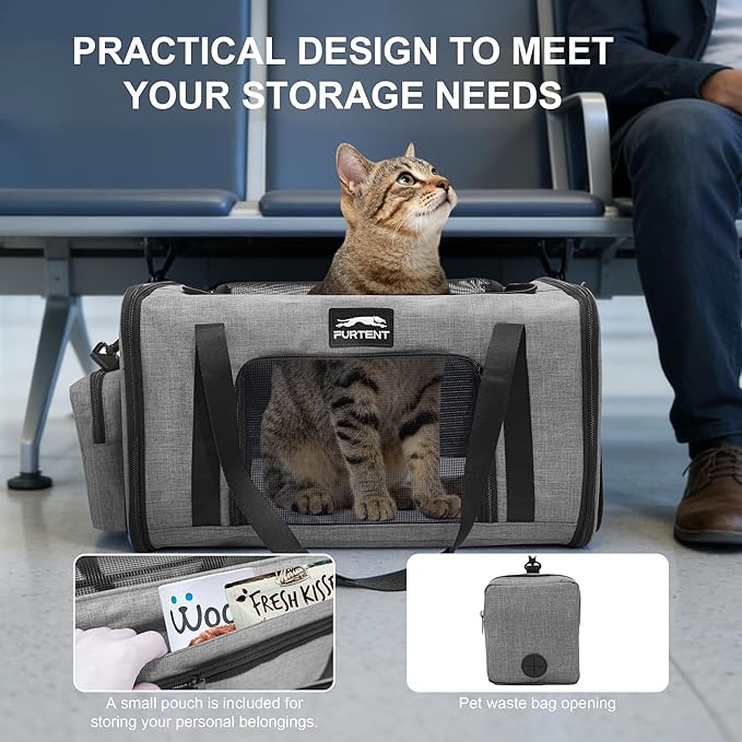 Soft Sided Cat Carrier Airline Approved up to 15lbs, 17x11x9.5 Inch Ventilated Pet Travel Bag with Foldable Litter Box & Storage, Portable Cat Transport Carrier for Flights Car Vet Gray
