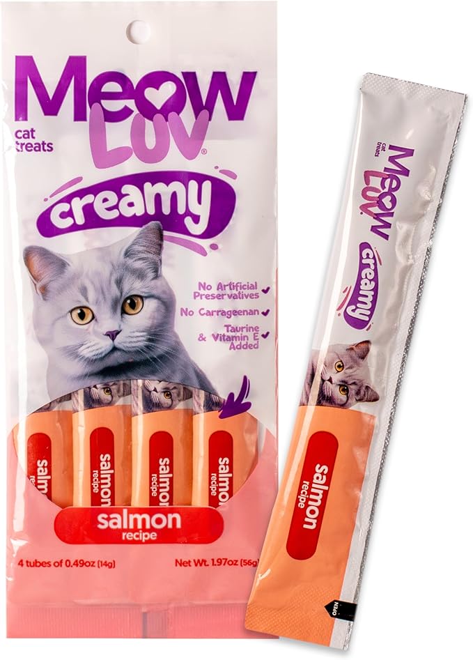 Meow Luv Lickable Cat Treats Variety Pack — Salmon & Tuna Squeeze Tubes — Carrageenan Free, No Artificial Preservatives — Prebiotic Fiber & L-Taurine — 0.5 oz Tubes, 10 Count (5 Salmon + 5 Tuna)