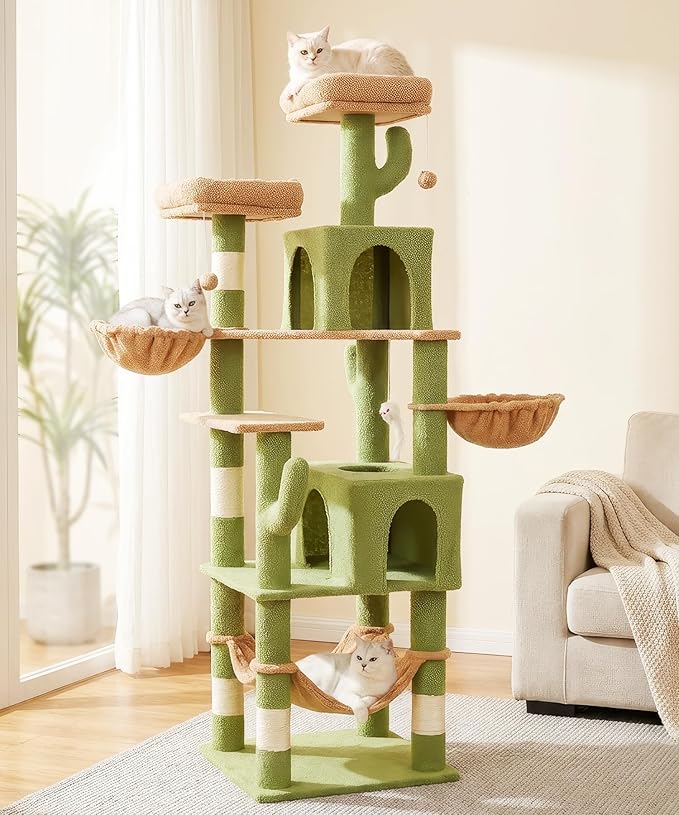 AMHANCIBLE Cactus Cat Tree, 70 Inch Tall Cat Tower for Indoor Cats, Multi-Level Cat Tree with Scratching Post, Hammock, Hanging Basket, Large Cat Condos for Adult Cats Kittens, Green, PT18GR