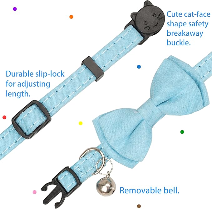 Cat Collar with Bow Tie Bell Breakaway Kitten Small Pet Safety Solid Wedding Basic Pure Color Suede Soft Adjustable [1pc] Blue