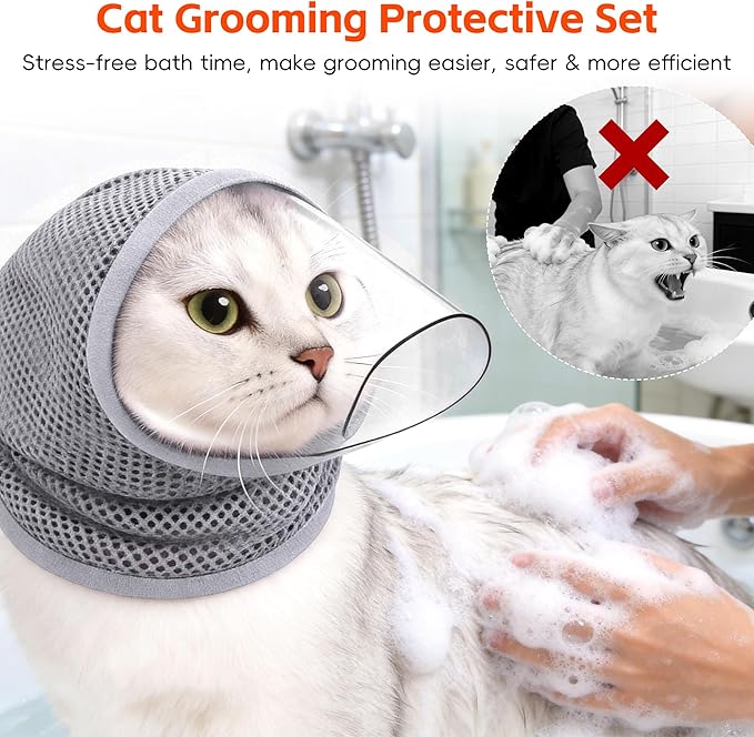 Adjustable Cat Muzzle for Grooming & Biting Prevention, Upgrade Kitten Head Cover,Breathable Anti-Bite Cat Mask with 4 Anti-Scratch Gloves Boots Silicone Shoes for Nail Trim Bath Vet Visit (Grey, M)