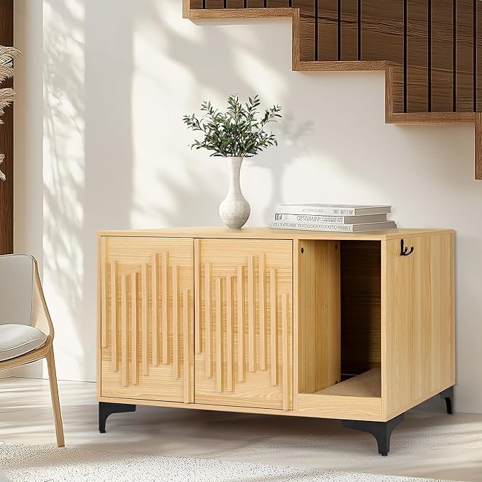 Cat Litter Box Enclosure,Stylish Hidden Litter Box Furniture, Modern Cat Litter Furniture Cabinet, Side End Table, Cat House with Scratch Pad, for Living Room, Bedroom, Entry Foyer