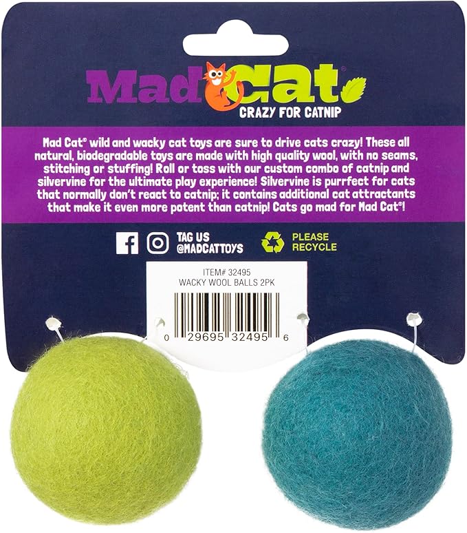 Mad Cat Wacky Wool Balls with Catnip and Silvervine Blend Natural Wool Fiber Cat Toys, Pack of 2