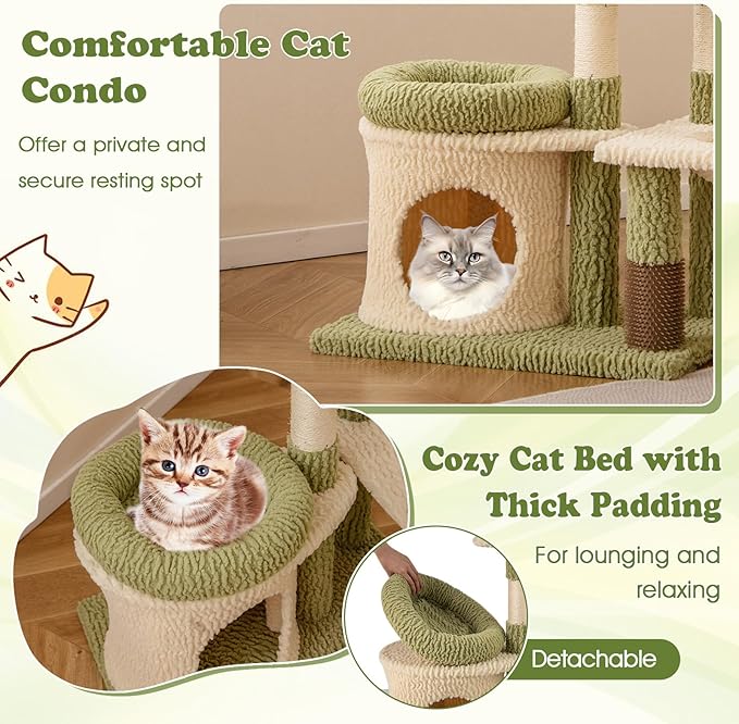 Tangkula Cute Cat Tree, Multi-Level Aesthetic Kitten Tower with Sisal Scratching Posts, Condo, Bed, Padded Plush Cushion, Self Groomer, Hammock, Perch, Green Small Cat Tree Tower for Indoor Cats