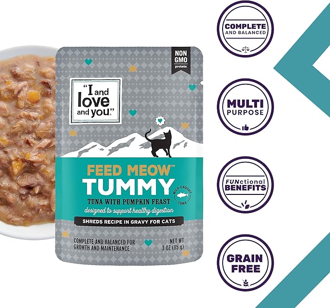 I AND LOVE AND YOU Feed Meow Tummy Wet Cat Food - Tuna + Pumpkin - Digestion Support, Grain Free, Shredded, 3oz Pack of 12