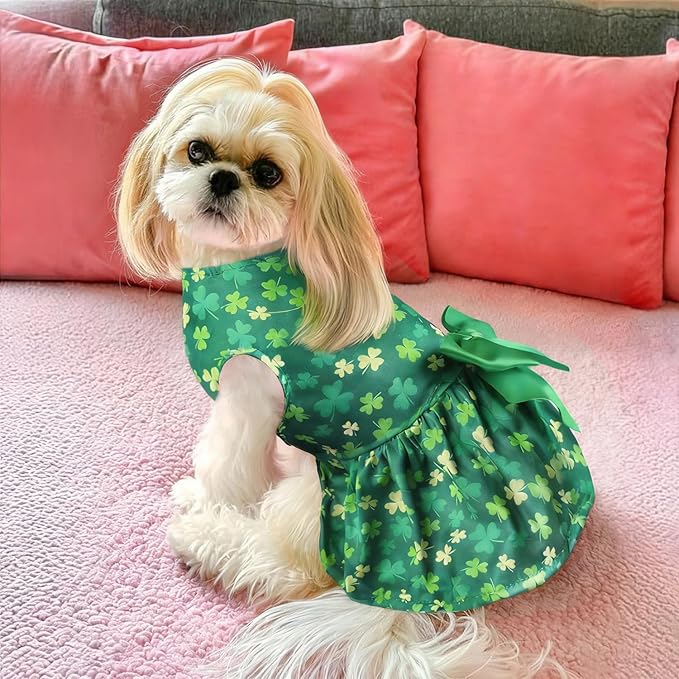 Idepet St. Patrick's Day Dog Dress with Bow Dog Tulle Skirt for Small Dog Girls Green Puppy Dress Cat Apparel Pet Holiday Outfits (Green, Large)