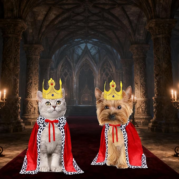 GOYOSWA Cat Halloween Costumes, Pet Cat King Costume King Red Cloak Golden Crown Set Halloween King Prince Costumes for Cats Kitty Small Dogs