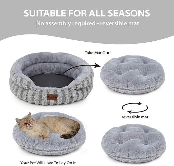 Cat Bed Puppy Bed - Washable Round Cat Beds for Indoor Cats, Soft Corduroy Fleece Pet Bed for Puppy and Kitten with Removable Double Sided Inner Cousion, 23", Grey