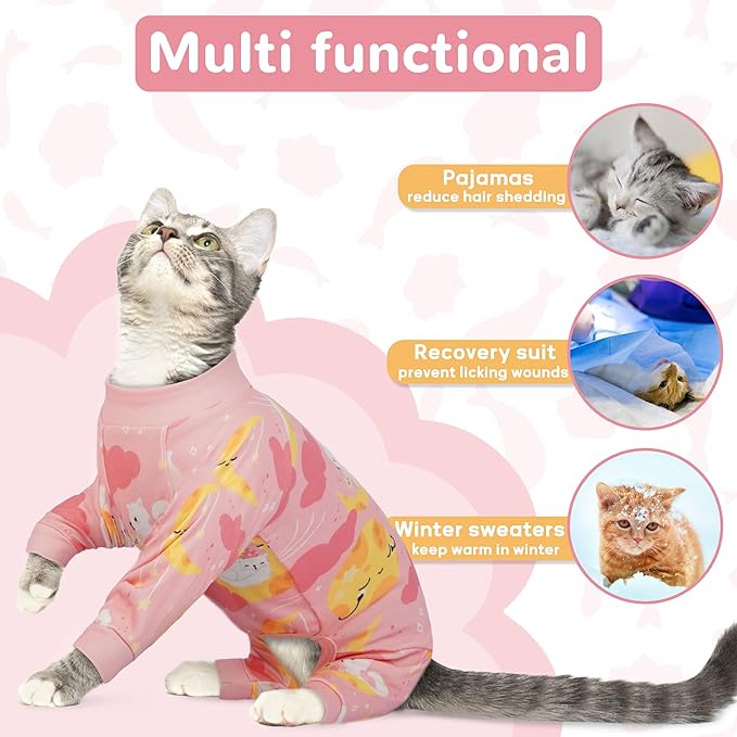 PUMYPOREITY Cat Recovery Suit, Stops Wound Licking After Surgery, Sticky Hair Shirt with Sticky Fabric, Cat Pajamas Prevents Over-Grooming, Kitten Onesie - Soft & Machine Washable, Pink, S