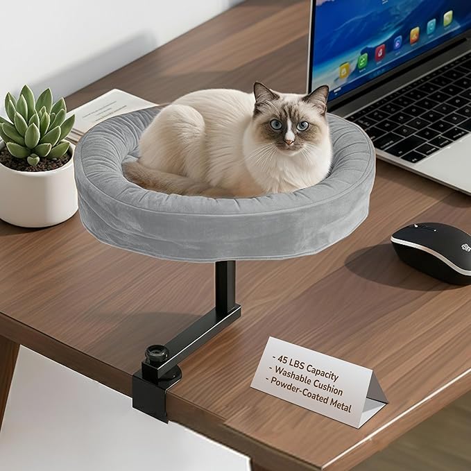 Up to 45LBS Cat Desk Bed - 360° Rotation & Adjustable Height, Pet Perch for Desks with Washable Cushion, Desk Cat Bed Attachment for Various Tables, Gray Cushion