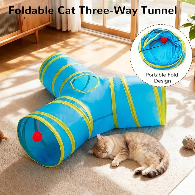 Tempcore Cat Tunnel for Indoor Cats, 3-Way Collapsible Play Tunnel with Teaser Wand, Peek Holes & Toy Ball, Small Pet Toy for Kittens & Rabbits, Blue & Yellow
