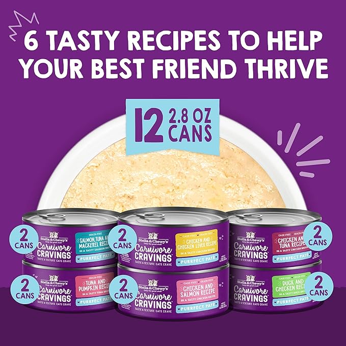 Stella & Chewy's Carnivore Cravings Purrfect Paté - Premium Grain-Free Wet Cat Food - 6 Flavor Variety Pack - High Protein with Bone Broth - Perfect for Picky Eaters - 2.8oz Cans (12 Pack)