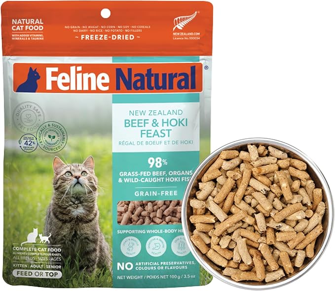 Feline Natural High Protein Dry Cat Food, Freeze-Dried Diet with 98% Meat, Organs & Seafood, No Peas, Grains, or Artificial Additives, Made in New Zealand Beef & Hoki, 3.5oz