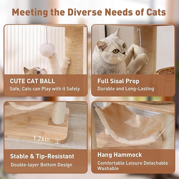 55" Wood Cat Tree for Indoor Cats Large Adult,Tall Cat Tower with Scratching Post and Cozy Hammock for Large Cat,Multi-Level Modern Cat Condo with Hand-Woven,Easy to Assemble and Clean