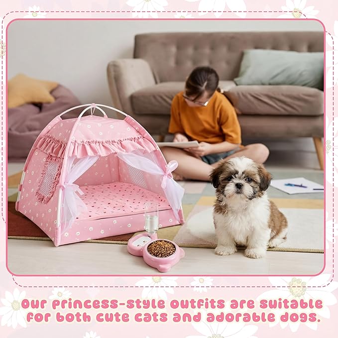 BreezeHug 3-in-1 Pet Princess Tent Bed Set for Cats & Small Dogs, Cute Soft Pink Cat Bed with Food Bowl, Water Dispenser & Washable Cushion, Complete Starter Kit for Indoor Pets
