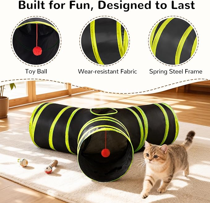 Tempcore Cat Tunnel for Indoor Cats, 3-Way Collapsible Play Tunnel with Teaser Wand, Peek Holes & Toy Ball, Small Pet Toy for Kittens & Rabbits, Black & Yellow