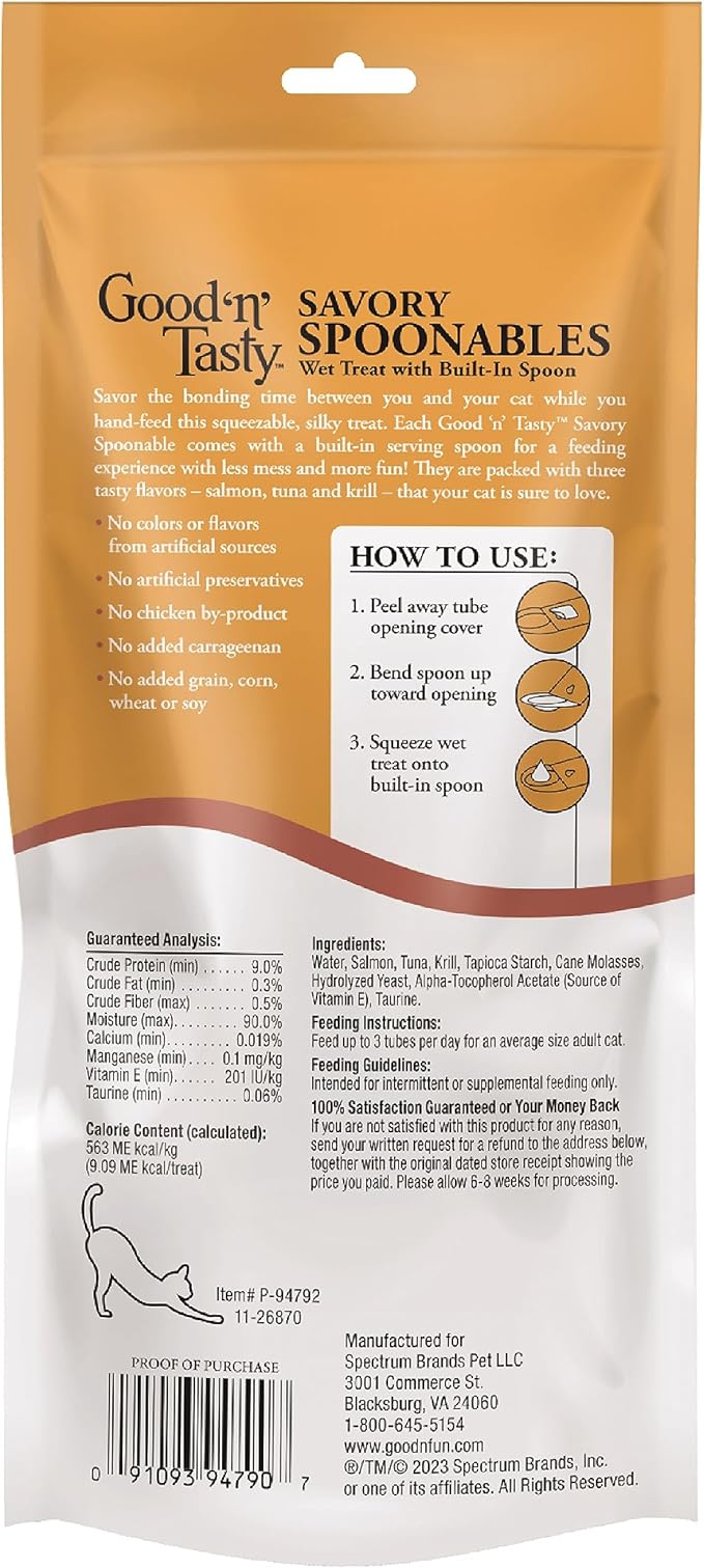 Good 'N' Tasty Savory Spoonables with Real Salmon, Tuna & Krill, 6 Count Tube, Triple Flavor Squeezable Lickable Wet Treats for Cats with Built-in Spoon for Less Mess (Pack of 2)
