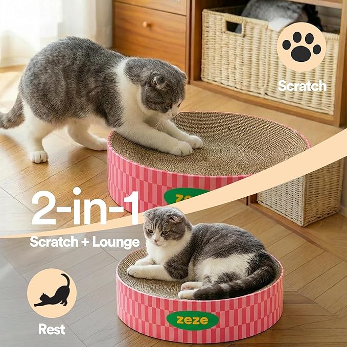 ZEZE Round Cat Scratcher Bed — Durable Corrugated Cardboard Cat Lounge, Scratch & Sleep Bowl Shape Cat Bed, Cozy Curved Design, Minimal Mess, Sturdy Edge Support (Retro Sweetheart)