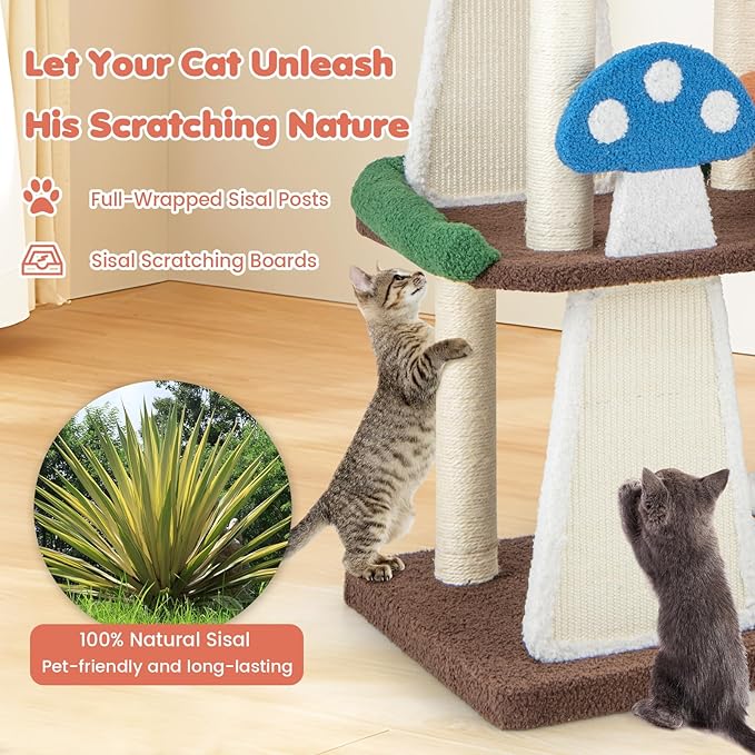 Tangkula Mushroom Cat Tree, Multi-Level Cute Cat Tower with Full-Wrapped Sisal Posts, Scratching Boards & Interactive Balls, 2 Cat Condo, Flower Cat Tree Tower for Indoor Cats Large Adult (57.5 Inch)